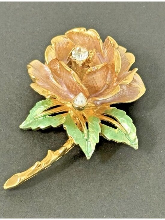 R.J. Graziano Jewelry - England's Rose R.J. Graziano 1997 Flower Brooch Pin Gold Tone Enamel Rhinestone